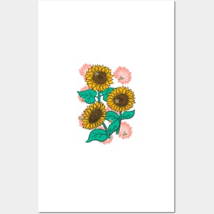 Cheery Sunflowers on Pink with Bees Posters and Art